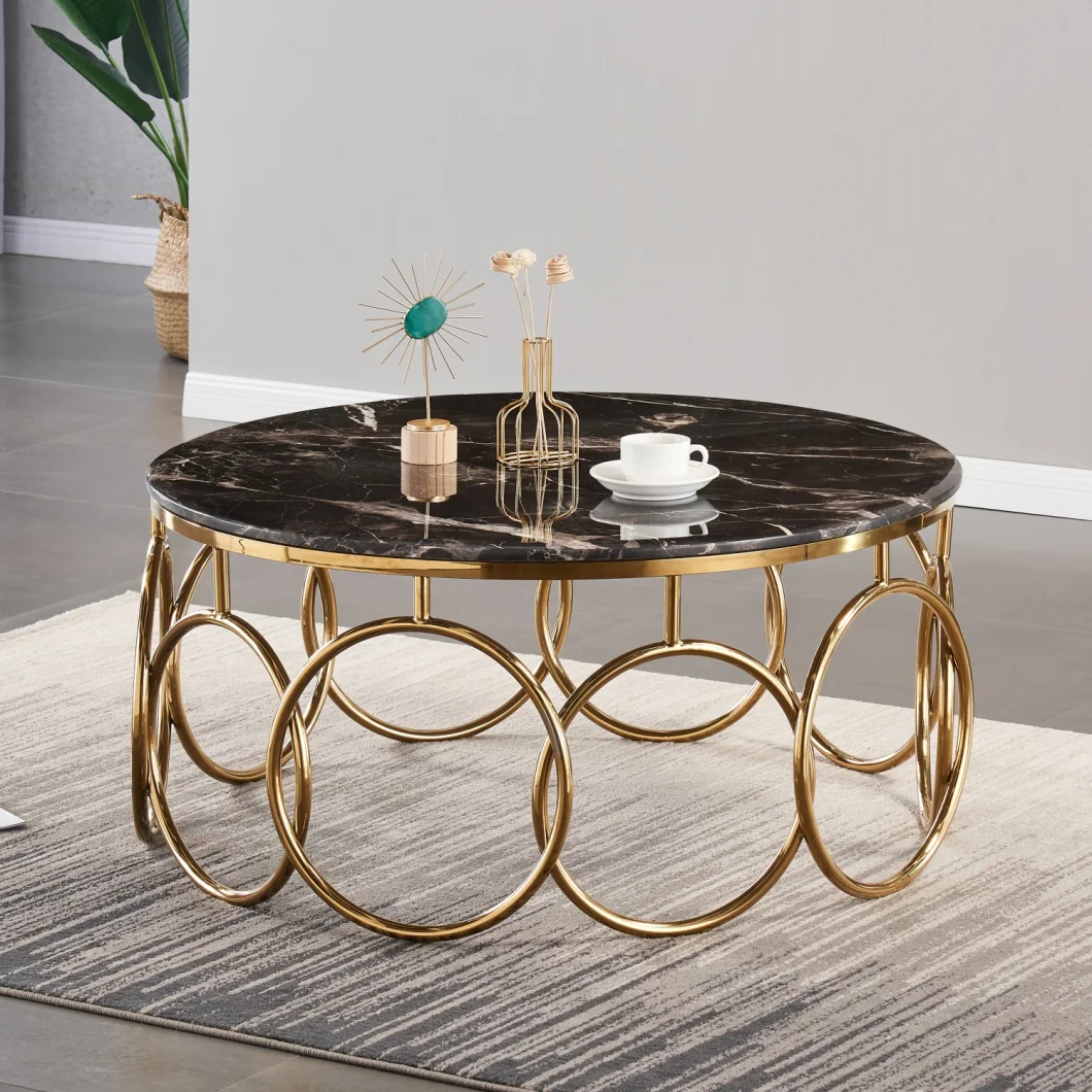 Modern Design Black Marble Gold Round Rings Stainless Steel Center Coffee Table