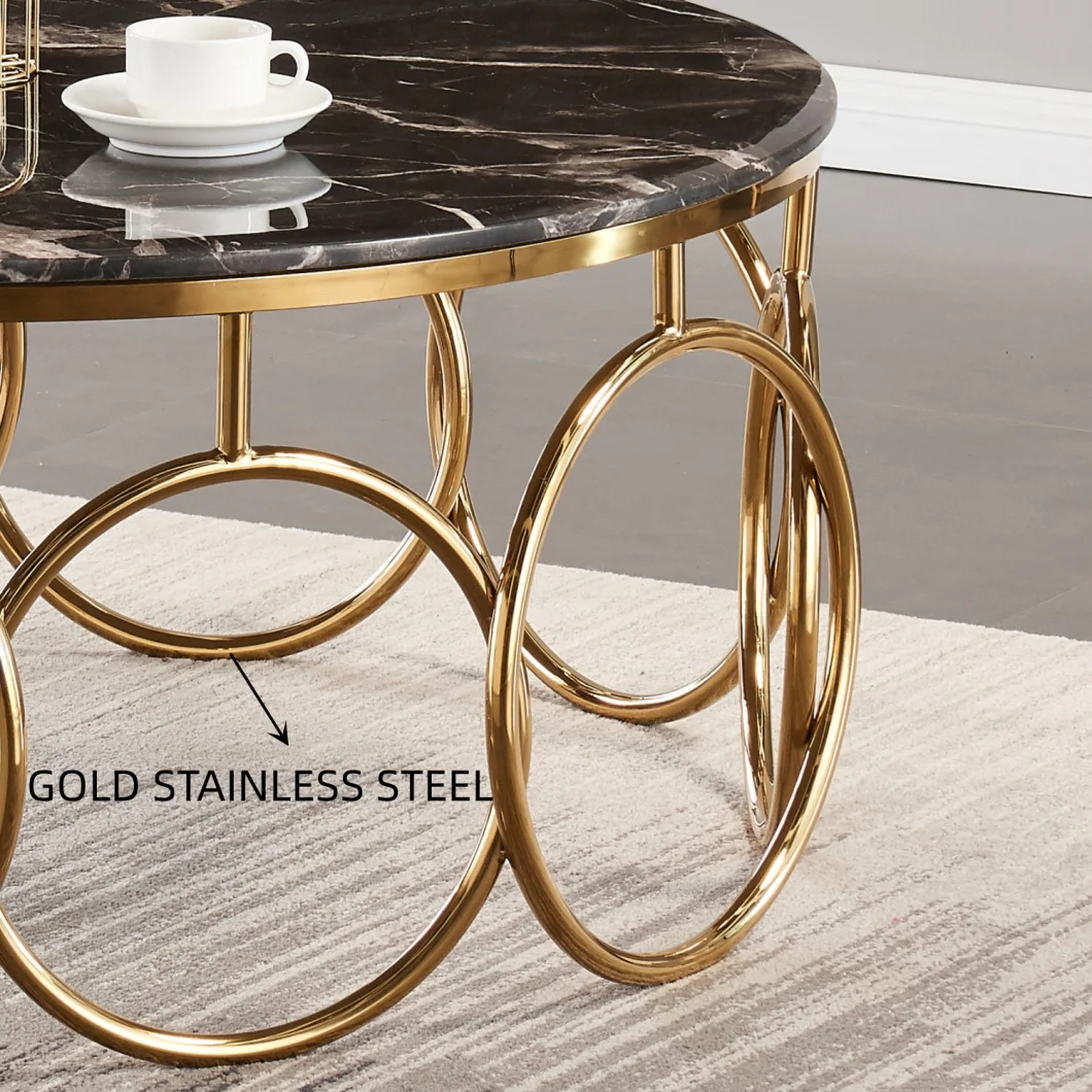 Modern Design Black Marble Gold Round Rings Stainless Steel Center Coffee Table