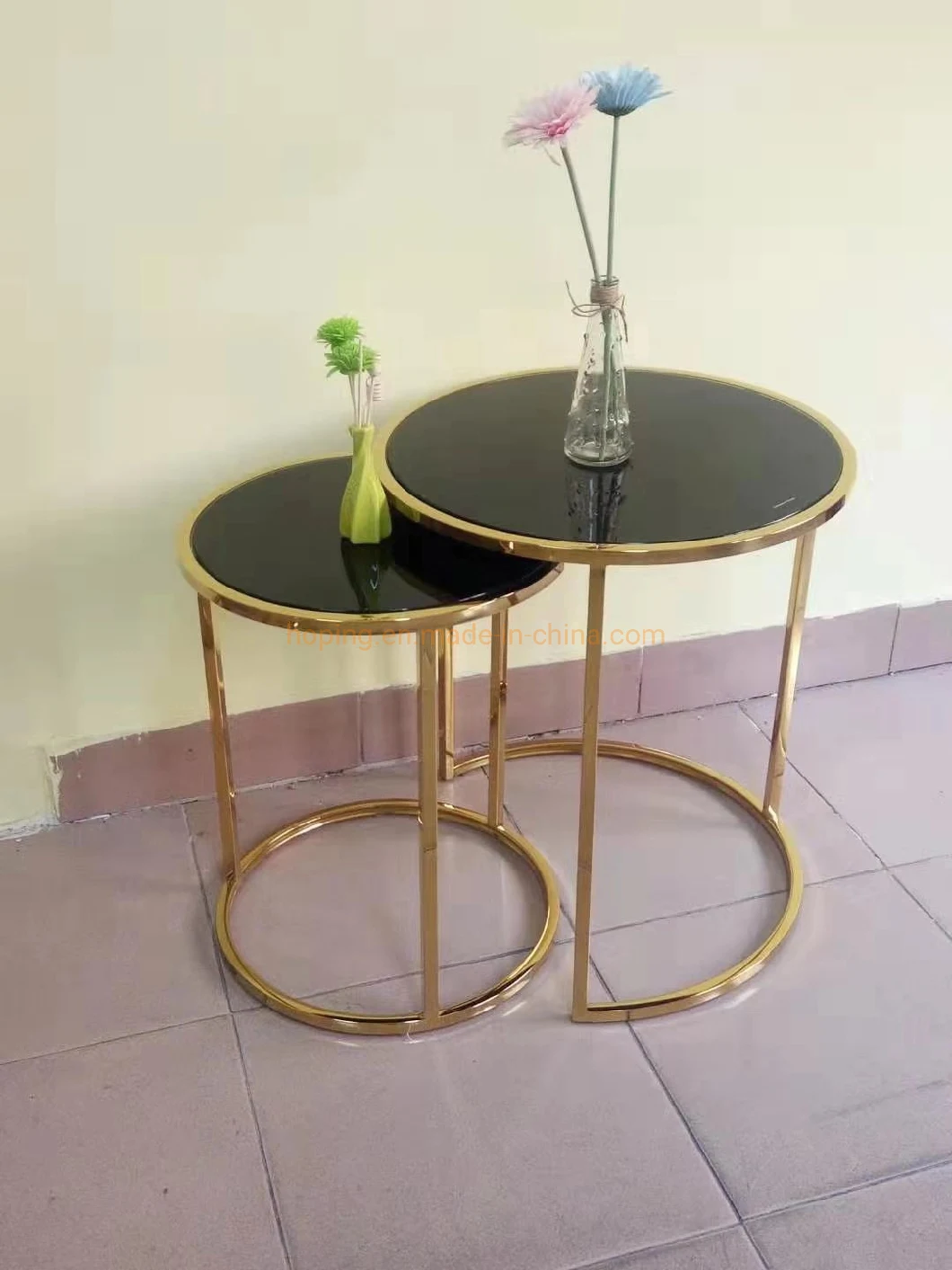 Round Promotion Flower Display Table Black Marble Top Side Table Set Hotel Coffee Table