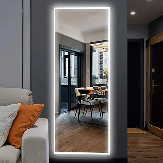 Ortonbath Wall Hung Decorative Wall Frameless Full Length Floor Dressing Mirror LED Lights Touch Sensor Switch Backlit Bathroom Mirror LED Smart Makeup Mirror