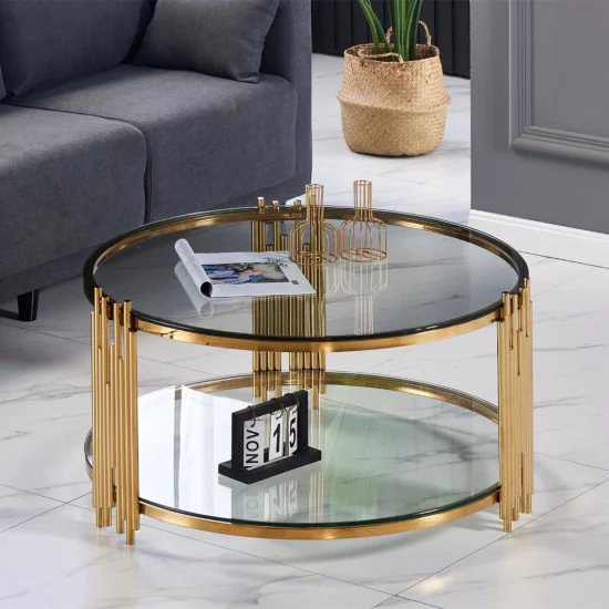 Mesa de centro redonda de cristal negro para sala de estar, muebles para el hogar, diseño moderno, lujo, oro, acero inoxidable