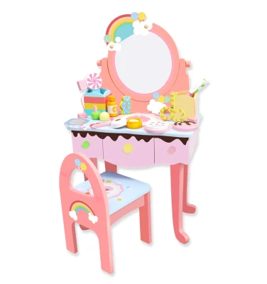 Arco iris de madera de juguete de maquillaje Kids' Vanity Set con espejo niños tocador y taburete para niñas