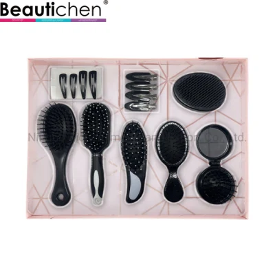 Beautichen Juego de regalo negro con cepillos para el cabello, cepillos para el cabello plegables con espejo y pinzas para el cabello 8 en 1 Juego de cepillo para el cabello novedoso